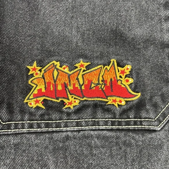 Vintage 90s JNCO Flame Jeans Black 28" Waist Baggy Wide Leg Crush City - Picture 5 of 15